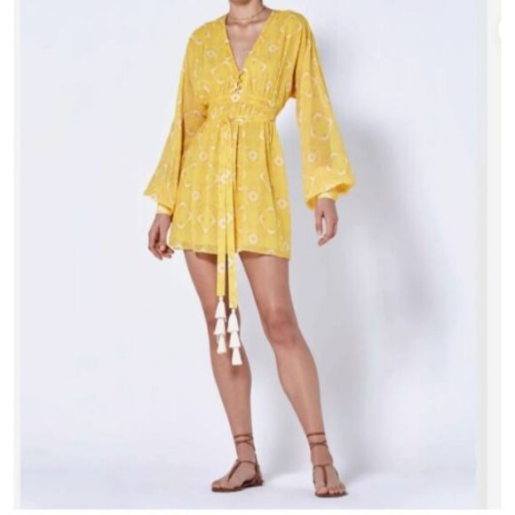 Alexis Luss Dress Size XS‎  in Yellow Watercolor Floral Batik  w/ tassels BOHO - Picture 1 of 11